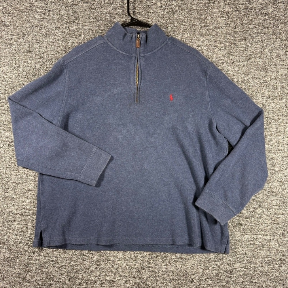 Polo Ralph Lauren Mens XL Blue Cotton Quarter Zip Pullover Sweater Red Pony Logo
